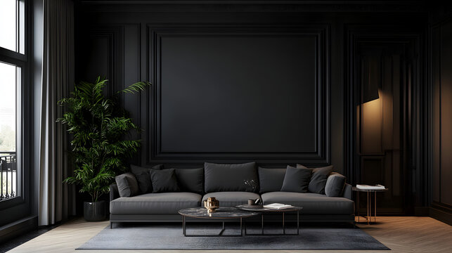 dise&ntilde;o de habitacion de sala en una casa moderna y contemporanea en colores oscuros gris y negro con ventanales que dan la entrada del luz elegancia y estilo sofisticado