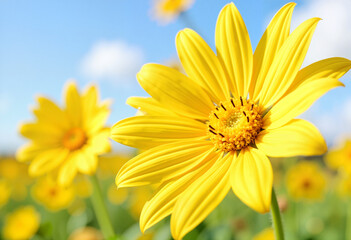 Bright yellow flower blossoms under clear blue skies, nature's beauty
