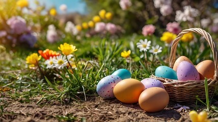 Easter egg hunt in sunlit park with decorated baskets