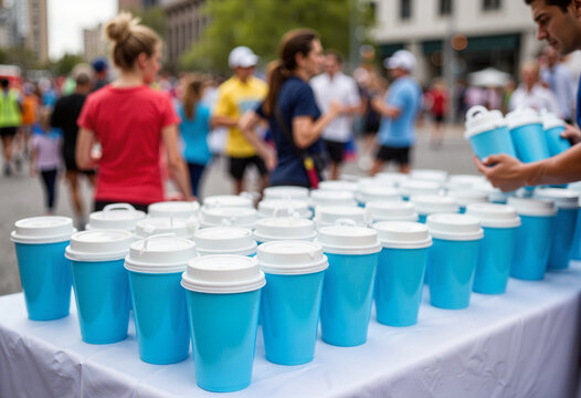 Organized water station for city marathon with volunteers, community spirit - Powered by Adobe