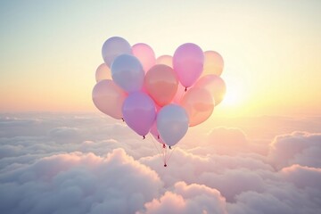 Obraz premium Heart-Shaped Cluster of Pastel Balloons Floating Above the Clouds at Sunset. Heart in the sky
