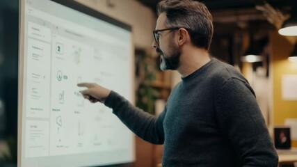 Professional giving a presentation while pointing at an interactive touchscreen display in a modern workspace setting