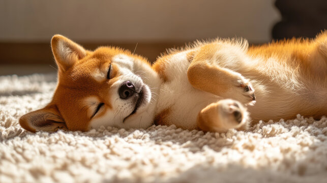 リビングで寝転ぶ可愛い柴犬