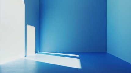 Minimalist designer room with a gradient blue background, elegantly transitioning from deep indigo...