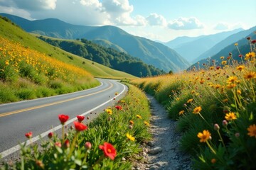 Wildflowers bloom on the side of a winding road, countryside, hillside, wildflowers
