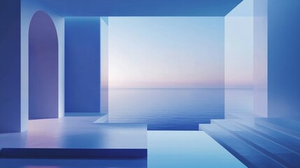 Minimalist designer room with a gradient blue background, elegantly transitioning from deep indigo...