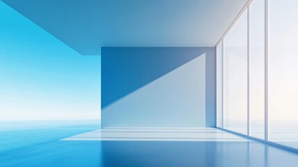 Minimalist designer room with a gradient blue background, elegantly transitioning from deep indigo...