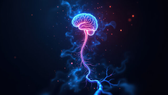 Brain with illuminated vns and a glowing aura of blue energy.