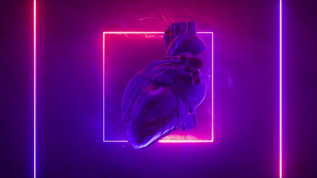 A human heart beating against a textured wall with rotating neon squares on a seamless loop.


