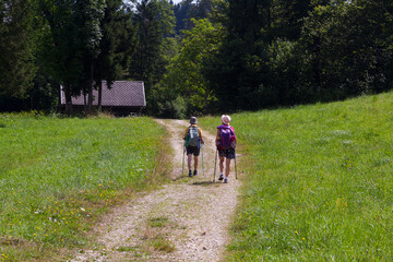 Fototapeta premium Hiking Couple on a quiet alpine path in Triglav National Park