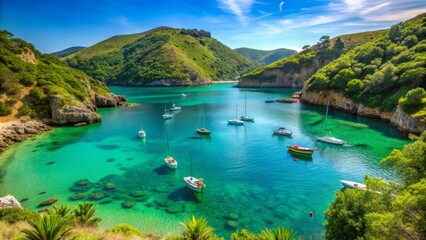 Fototapeta premium Serene Coastal Cove with Boats and Lush Greenery Under Blue Sky