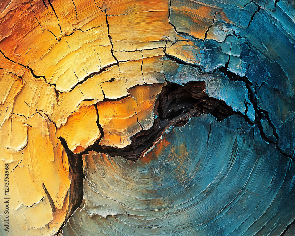 Poster close-up of a cracked and colorful cross-section of tree bark showing layers of orange, yellow, and 