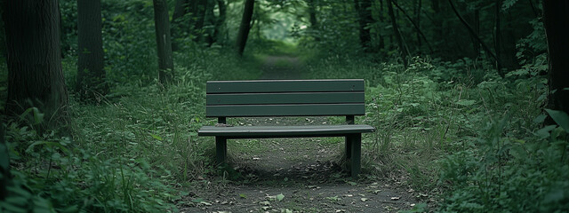 Peaceful outdoor park scene with a bench surrounded by lush greenery, captured in natural ambient light, creating a calm and serene atmosphere.