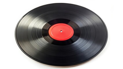 Obraz premium Black Vinyl Record with Red Label on White Background