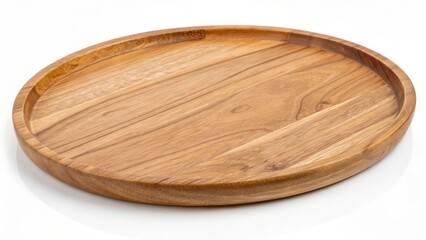 Round Wooden Tray on White Background