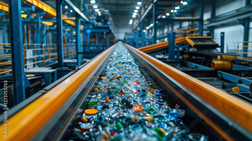Fototapete recyclables including plastics and metals move along a conveyor belt in a busy recycling center illu