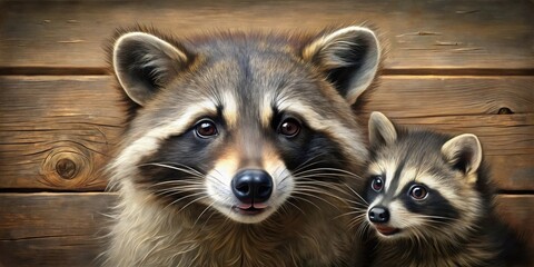 Obraz premium A heartwarming depiction of a mother raccoon and her adorable young one, nestled together against a rustic wooden backdrop. The image evokes feelings of family, warmth, and the beauty of wildlife.