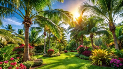 Swaying palm trees in a sunlit tropical garden with lush greenery and vibrant flowers , nature, sunny