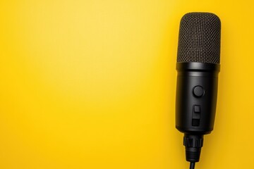 Studio condenser microphone isolated against bright yellow background