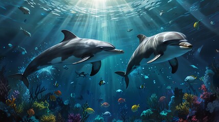Obraz premium Two dolphins gracefully swim in vibrant ocean, sunbeams illum