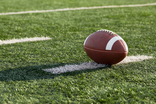 American football ball in field