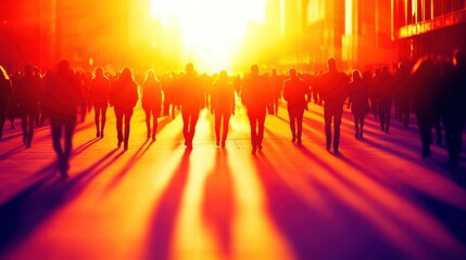 Silhouetted Crowd Walking on City Street at Sunset with Warm Sunlight