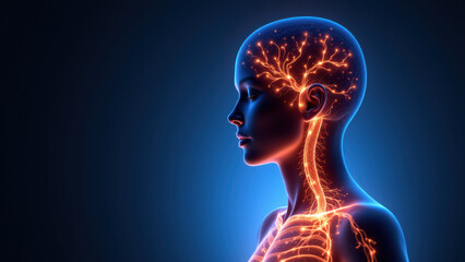 Three-dimensional computer generated human head model with highlighted brain and central nervous system, showcasing VNS (Vagus Nerve Stimulation).