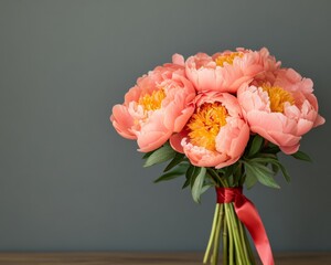Fototapeta premium Sustainable Mothers Day Elegance Vibrant Pink Peonies with Red Silk Ribbon on Wooden Table - Spring Floral Decor and Romantic Gift Design for Eco-Friendly Celebrations