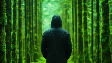 Naklejka premium Solitary Figure in Black Hoodie Stands Among Lush Green Trees in a Dense Forest Surrounded by Mysterious Atmosphere