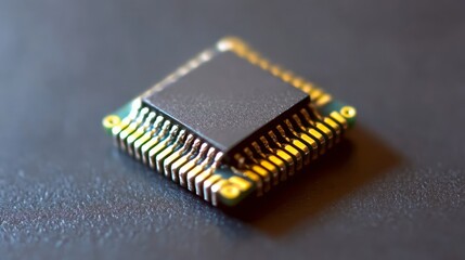 A close-up of a microchip showing intricate detail. Adaptability and precision of electronic components
