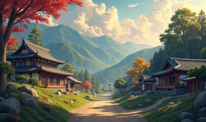 Fototapeta premium A serene landscape featuring traditional Japanese architecture surrounded by lush mountains, ideal for travel, relaxation, or cultural themes.