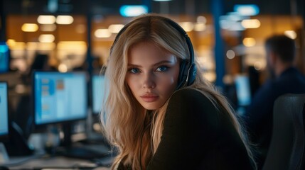 A blonde-haired young woman sits in an office wearing a headset while working together with her colleagues in customer support