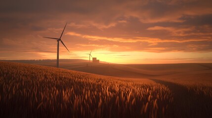 Dramatic sunset over wind turbines in a lush golden wheat field symbolizing the clean energy transition fueled by responsible gold sourcing and green finance  The image conveys a sense of progress