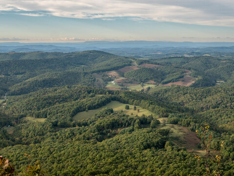 High angle view of green hills and forests