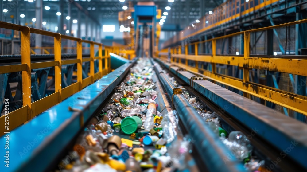 Leinwandbilder a conveyor belt filled with assorted recyclable materials moves through a large recycling facility, 