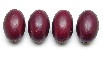 Four Ripe Purple Passion Fruits in a Row on a White Background Studio Shot