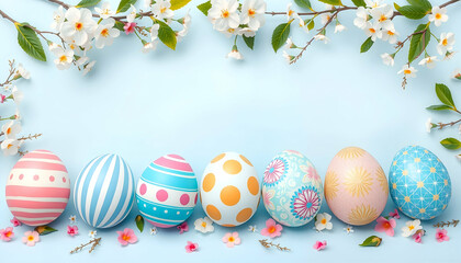 Fototapeta premium Easter banner template with Easter eggs and flower on light blue background.Greetings and presents for Easter Day .Promotion and shopping template for Easter ,Copy Space