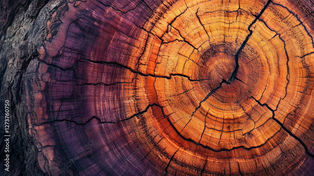 Poster close-up of the cross-section of a tree trunk showcasing intricate rings and cracks, with a rich gra