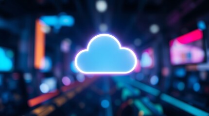 Fototapeta premium Glowing Cloud Icon on a Blurred High-Tech Background Representing Cloud Computing and Digital Innovation