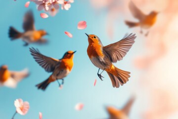 Obraz premium Spring Equinox Whimsy Vibrant Robins Amidst Cherry Blossoms for Seasonal Marketing and Design - Nature-Inspired Visuals for Eco-Friendly Brands and Advertising Campaigns