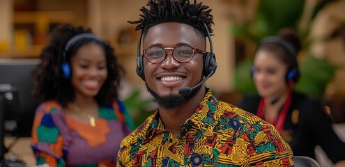 A smiling young male customer support agent is shown in a closeup headshot, wearing eyeglasses and a headset, at a call center with room for a banner