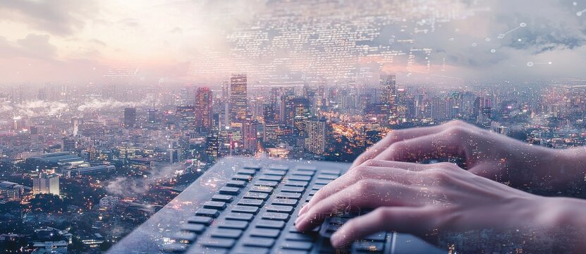 A software engineer is working on a laptop with a visible circuit board and a virtual screen showing javascript, embodying the digital technology and software development concept of the internet of