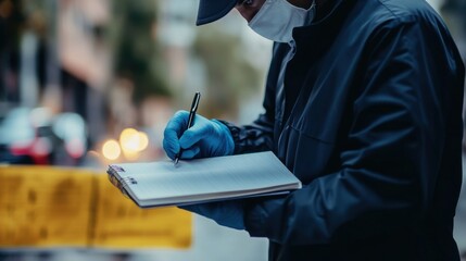 A detective taking notes while observing a crime scene. Featuring investigation and focus