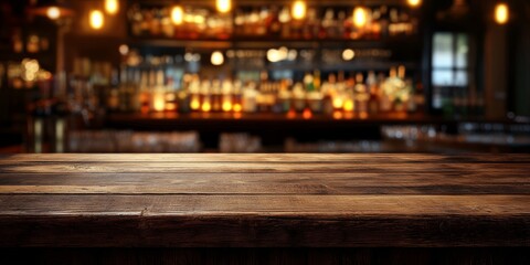 A wooden table is in the foreground and a bar in the back