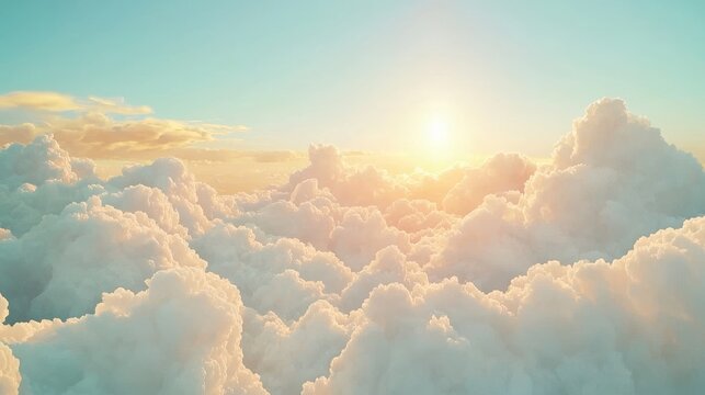 A spectacular heavenscape with sunlight beaming through cumulus clouds, casting long, melodramatic shadows