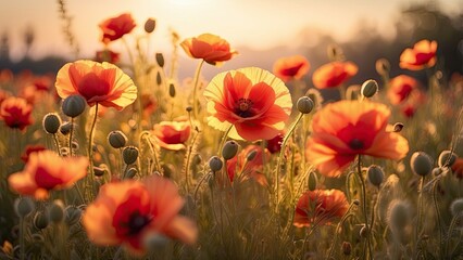 "Vibrant Poppy Flowers in Bloom Against a Sunset Sky"