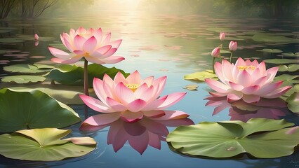 Beautiful lotus flower blossoming in the garden pond following a soothing rainfall