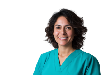 Hispanic nurse in scrubs smiling warmly isolated on transparent white background