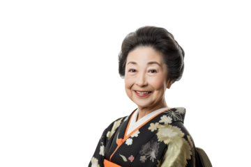 cheerful elderly Asian woman in kimono smiling isolated on transparent white background