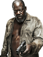 A rugged, intense-looking man with a dirty, unbuttoned shirt points a handgun forward, displaying a fierce and determined expression.